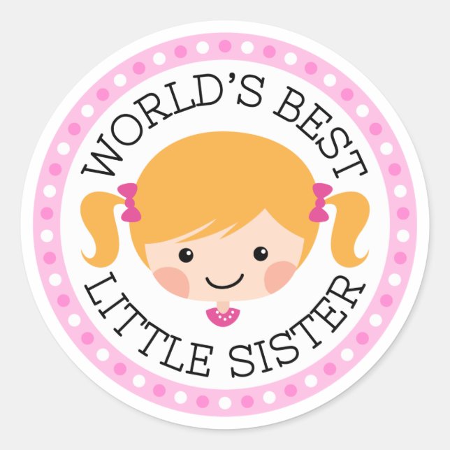 Worlds best little sister cartoon girl blonde hair classic round sticker (Front)