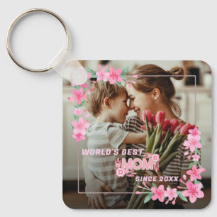 WORLD'S BEST MOM EVER Photo Floral Custom Text  Key Ring
