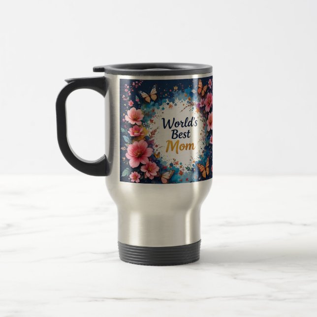 World's Best MOM Flowers Butterfly Travel Mug (Left)