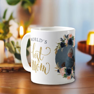 World's Best Mom Navy Pink Floral Botanical Photo Coffee Mug