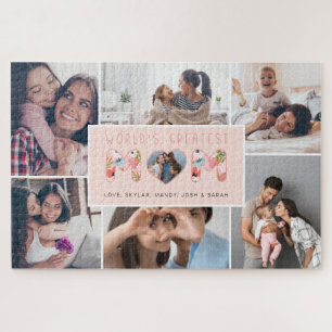 World's Best Mom Photo Collage & Floral Pattern Jigsaw Puzzle