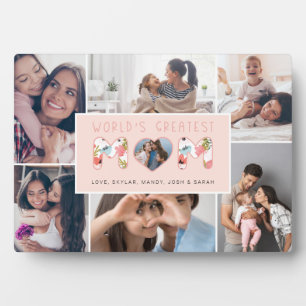 World's Best Mom Photo Collage & Floral Pattern Plaque