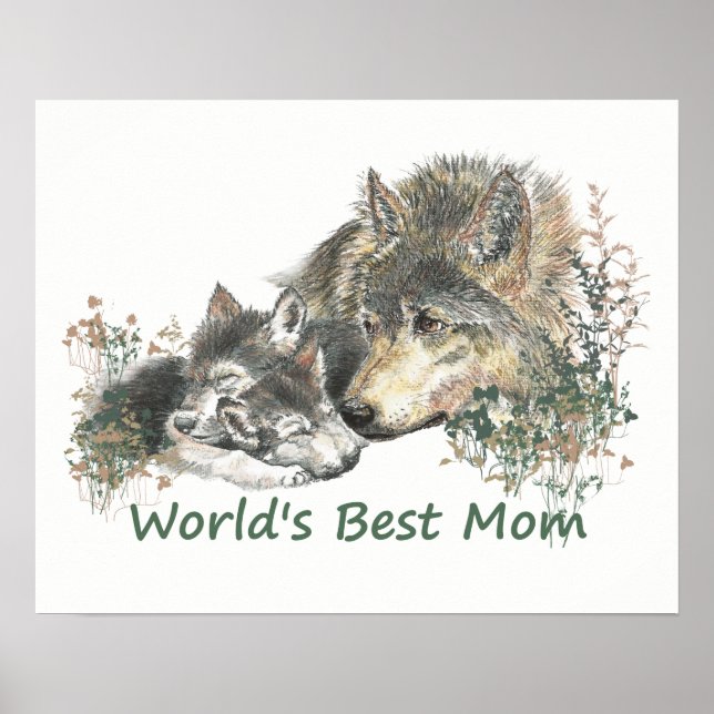 World's Best Mom Watercolor Wolf & Pups Poster (Front)