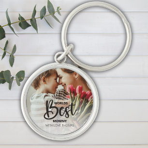 Worlds Best Mommy Photo with White Writing Key Ring