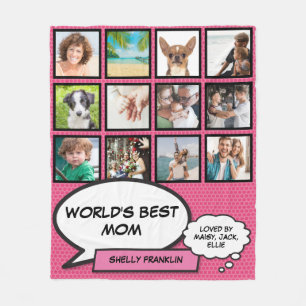 World's Best Mum 12 Photo Collage Pink Fleece Blanket
