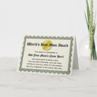 World's Best Mum Award Certificate Card