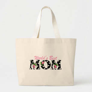 World's Best Mum Black with Pink Tulips Large Tote Bag