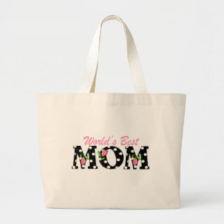 World's Best Mum Black with Pink Tulips Large Tote Bag