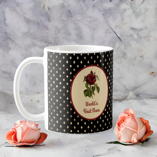 World's Best Mum Burgundy Rose on Black Harlequin Coffee Mug (Creator Uploaded)