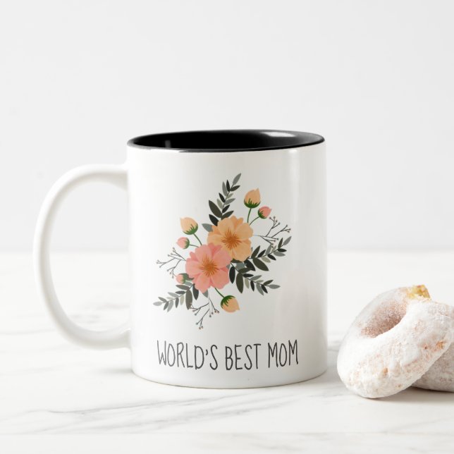 World's Best Mum Custom Message Pretty Floral Two-Tone Coffee Mug (With Donut)