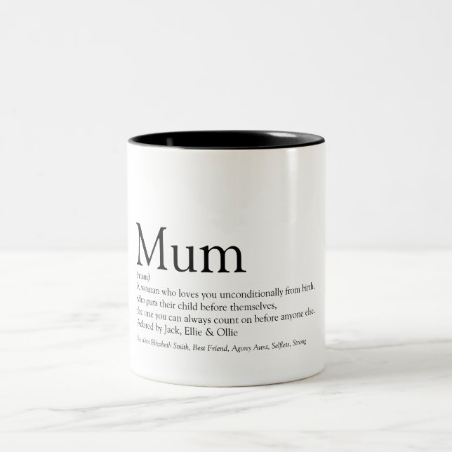 World's Best Mum Definition Quote Black and White Two-Tone Coffee Mug (Center)