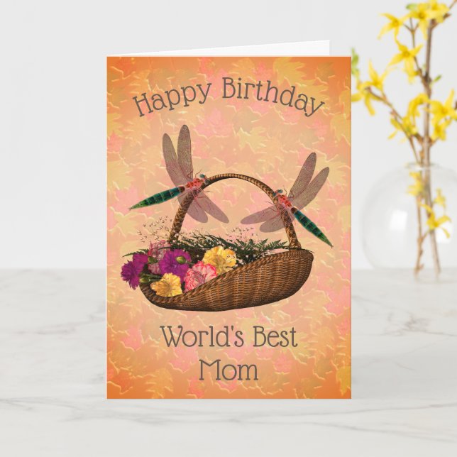World's Best Mum Dragonflies Flowers Birthday Card (Yellow Flower)