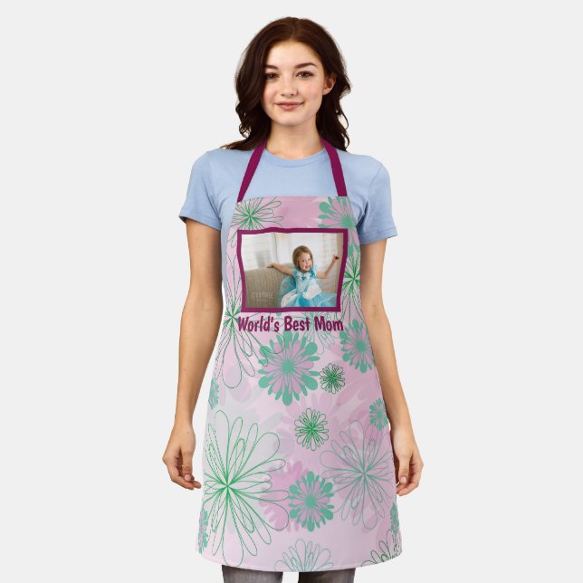 World's Best Mum Floral Photo Adult Apron (Worn)