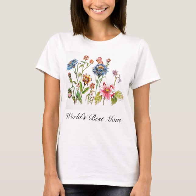 World's Best Mum Flowers Watercolor Art T-Shirt (Front)