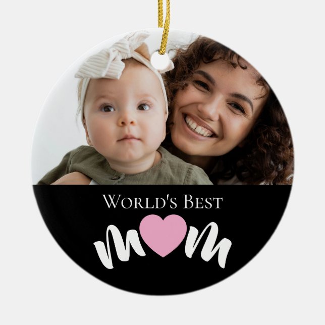 World's Best Mum Heart Photo Script Custom Ceramic Tree Decoration (Front)