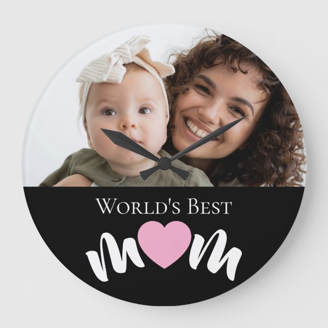 World's Best Mum Heart Photo Script Custom Large Clock (Front)