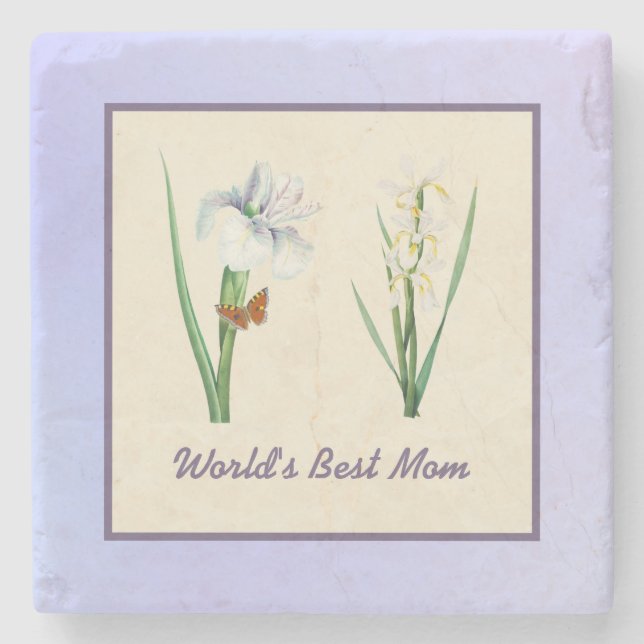 World's Best Mum Irises and Butterfly on Purple Stone Coaster (Front)