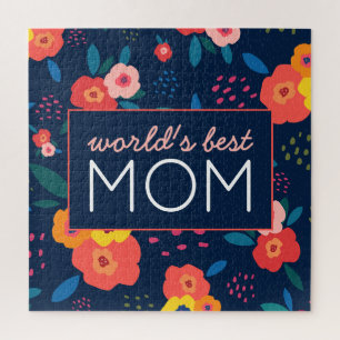 World's Best Mum Modern Floral in Blue Jigsaw Puzzle