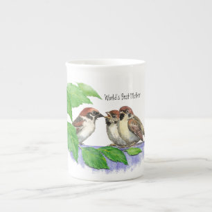 World's Best Mum, Mother's Day Sparrow Family Bone China Mug