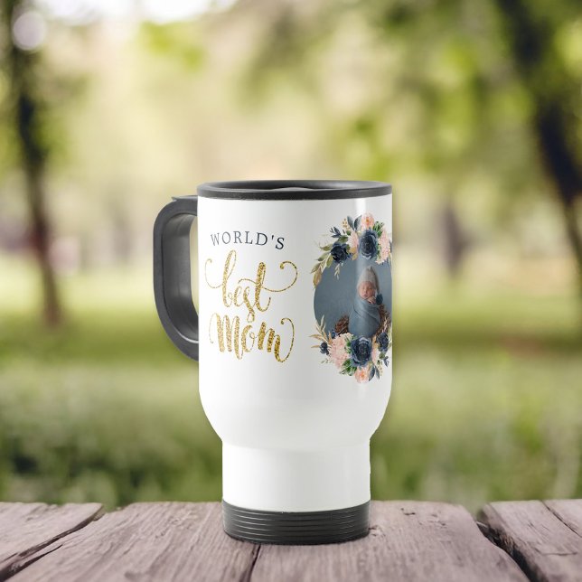 World's Best Mum Navy Pink Floral Botanical Photo Travel Mug (Give your mom the world's best mom mug featuring a place for a photo with botanical floral)