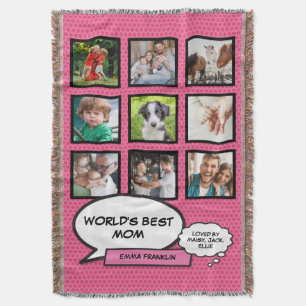 Worlds Best Mum Photo Collage Modern Fun Pink Throw Blanket