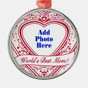 World's Best Mum! Photo Red Hearts Metal Tree Decoration