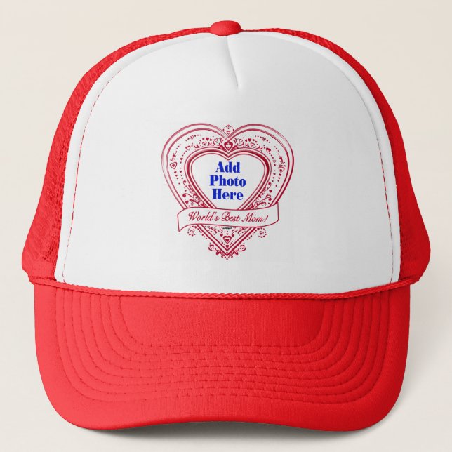 World's Best Mum! Photo Red Hearts Trucker Hat (Front)
