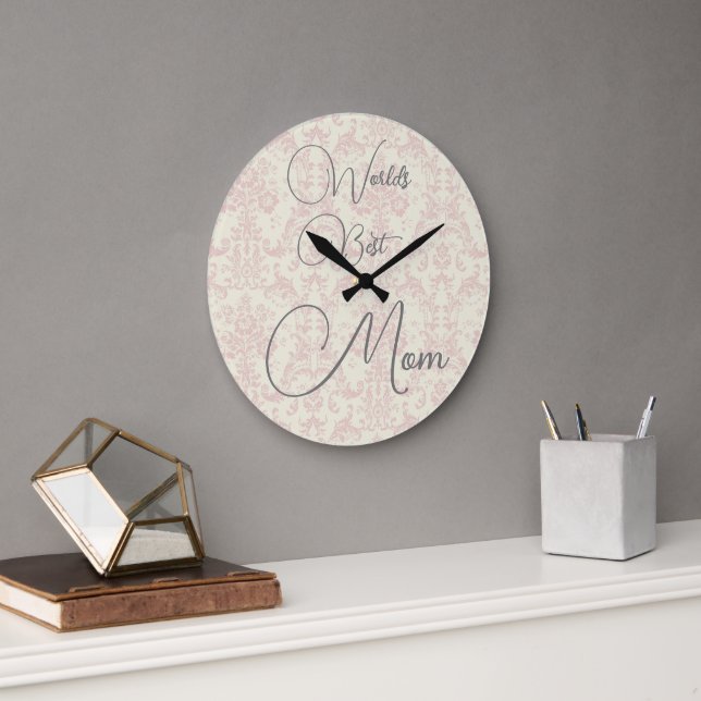 Worlds Best Mum Pink Damask Wall Clock (Office)