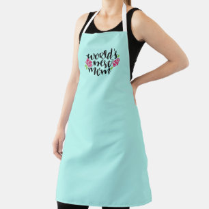 World's Best Mum, Pink Flowers, Light Teal Apron