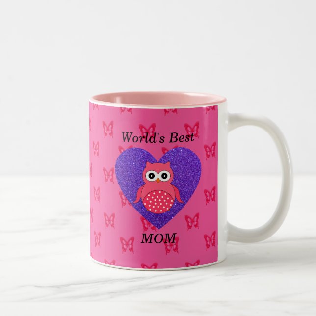 Worlds best mum pink owl Two-Tone coffee mug (Right)