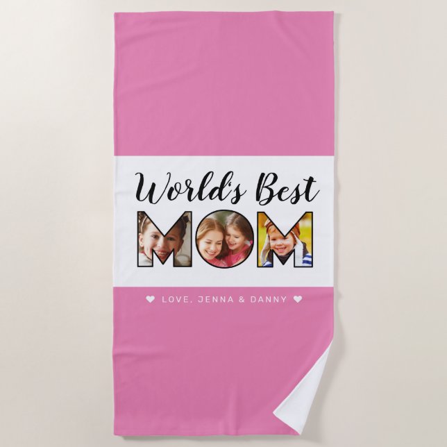 World's Best Mum Quote 3 Photo Collage Names Pink Beach Towel (Front)