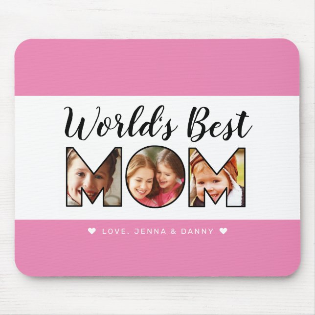 World's Best Mum Quote 3 Photo Collage Pink Mouse Mat (Front)