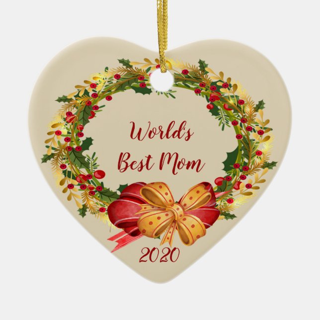 World's Best Mum with Antique Wreath Christmas Ceramic Tree Decoration (Front)