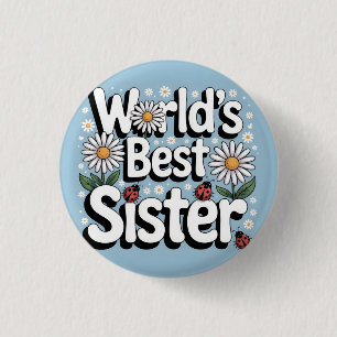 World's Best Sister Graphic: Retro Daisy & Ladybug 3 Cm Round Badge