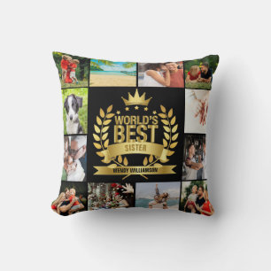 World's Best Sister Photo Collage Gold Black Cushion
