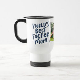 World's best soccer mum trendy navy blue photo travel mug