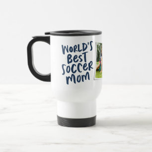 World's best soccer mum trendy navy blue photo travel mug