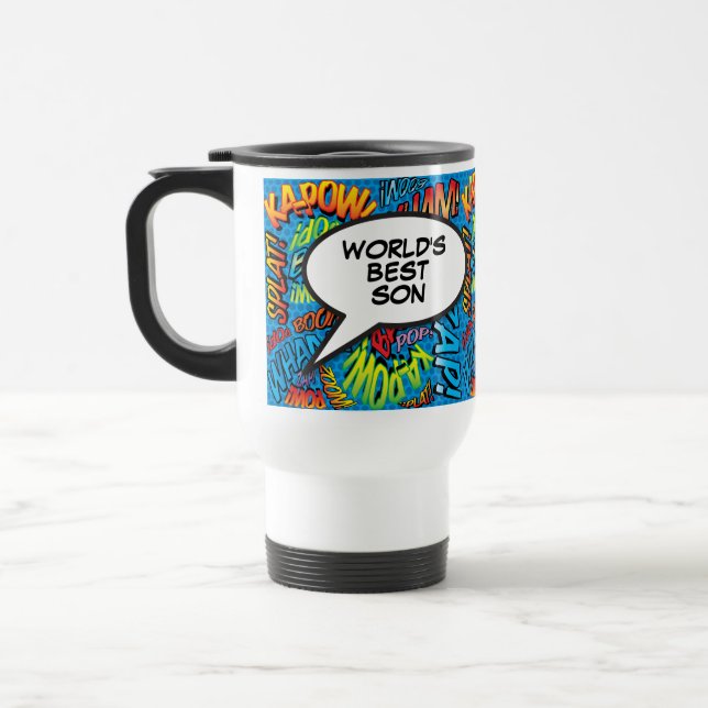 World's Best Son Fun Cool Modern Colourful Comic Travel Mug (Left)