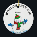 World's Best Son Snowman Christmas   Ceramic Tree Decoration<br><div class="desc">World's Best Son Snowman Christmas Ceramic Ornament with the year on the back.  This ornament design has a cute snowman on a blue snowflake background.    Change the text to daughter,  grand son ,  nephew,  uncle ,  wife or any special person  in your life.</div>