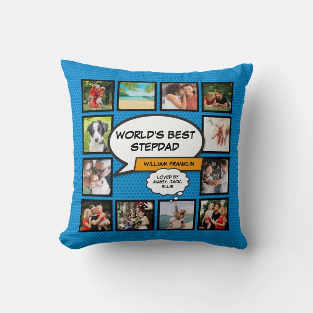 World's Best Stepfather, Stepdad 12 Photo Blue Fun Cushion (Front)