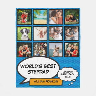 World's Best Stepfather, Stepdad 12 Photo Fun Blue Fleece Blanket