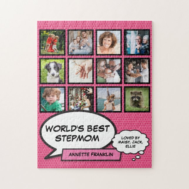Worlds Best Stepmom 12 Photo Pink Modern Jigsaw Puzzle (Vertical)