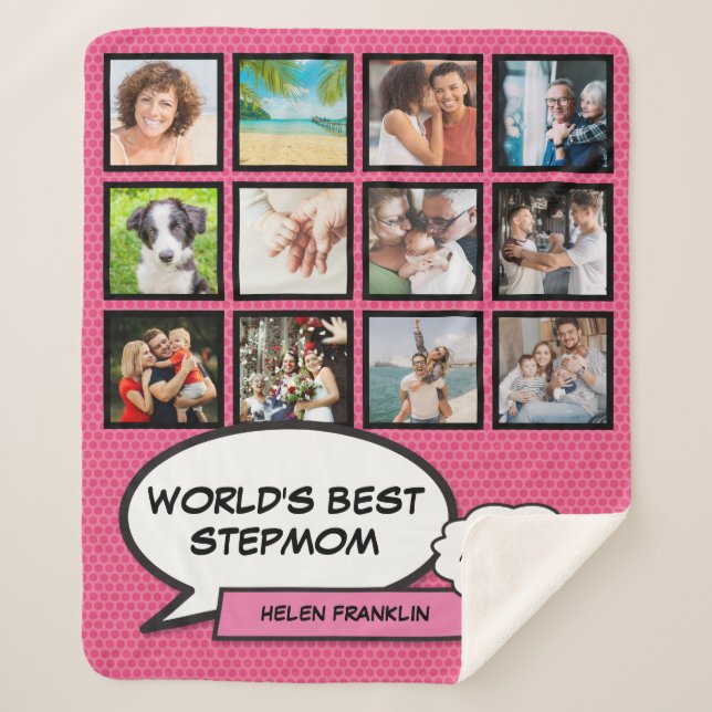 Worlds Best Stepmom Pink Photo Collage Fun Modern Sherpa Blanket (Front)