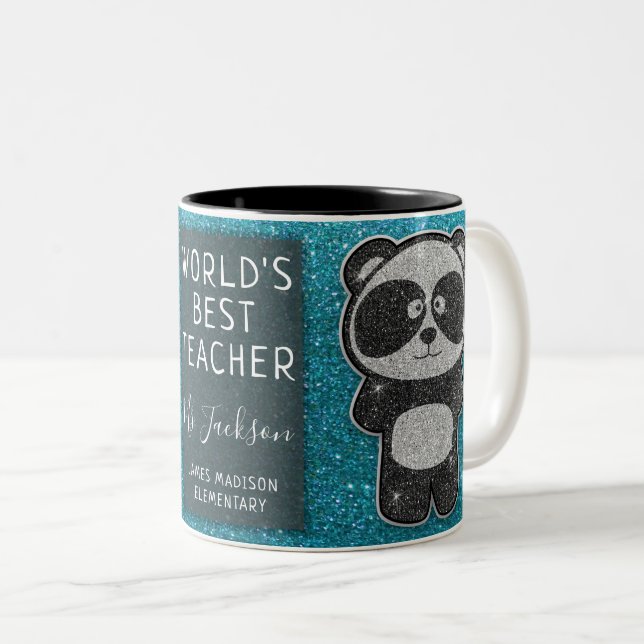 World's Best Teacher Black and White Panda Glitter Two-Tone Coffee Mug (Front Right)