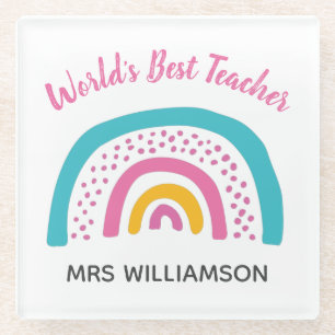 World's Best Teacher Bright Rainbow Gift Box Glass Coaster