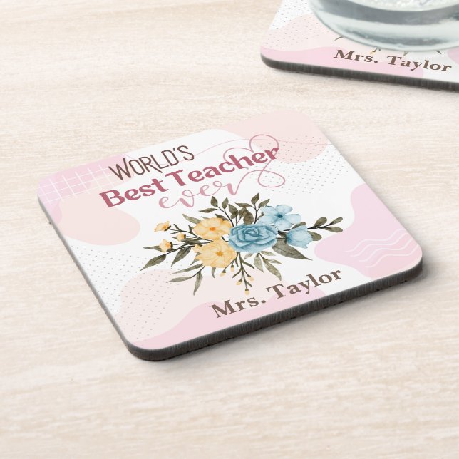 World's Best Teacher Ever Floral Personalised Coaster (Left Side)