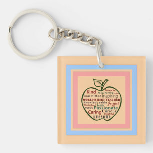 World's Best Teacher Green Apple on Peach and Blue Key Ring