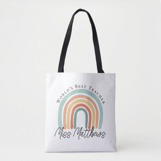 Worlds Best Teacher Kindergarten Rainbow Gift Tote Bag (Front)