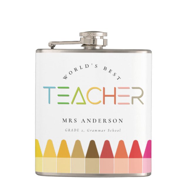 World's Best Teacher Rainbow Crayon Colours Gift Hip Flask (Front)