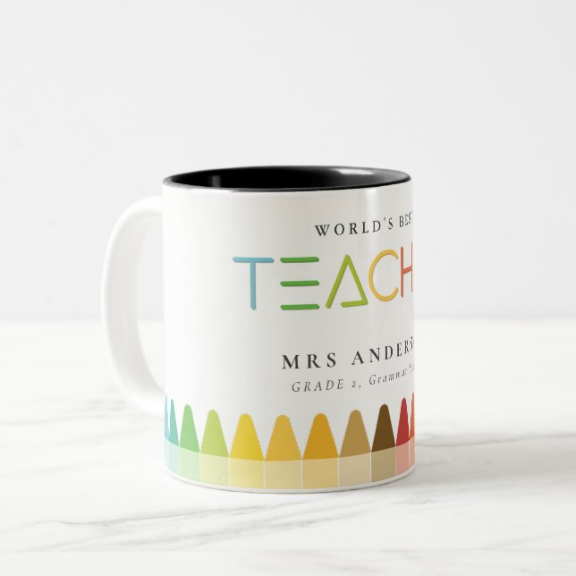 World's Best Teacher Rainbow Crayon Colours Gift Two-Tone Coffee Mug (Front Left)
